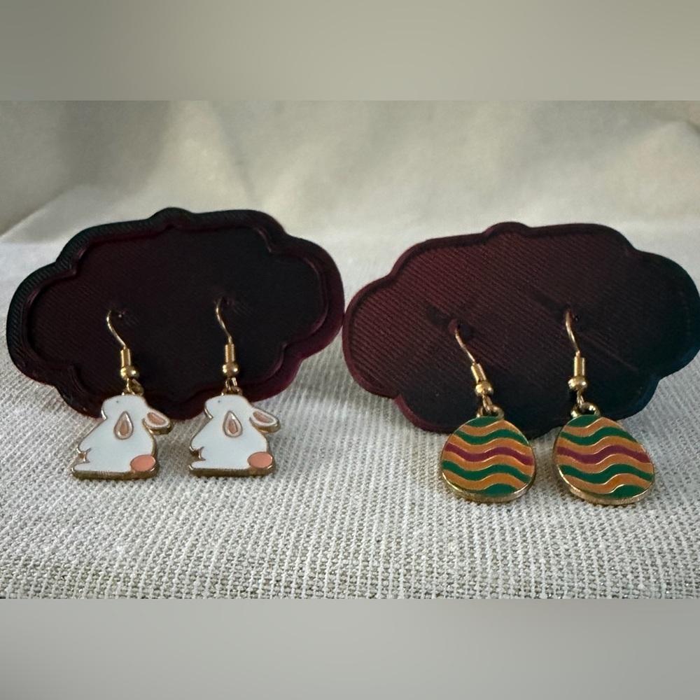 Cute Bunny & Striped Drop Earring Set - White, Pink, Green, Gold